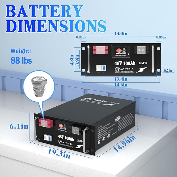48V 100Ah LiFePO4 Battery - 200A Smart BMS Touch Screen &amp APP Control 10240W Max Output Ideal for Solar/Off-Grid Energy Storage