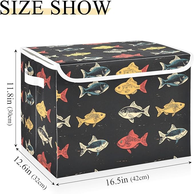 Fishes Pattern Storage Cube Bins Basket with Lid Collapsible Flip-top Fabric with Handle for Home Bedroom Closet Office 16.5×12.6×11.8 in