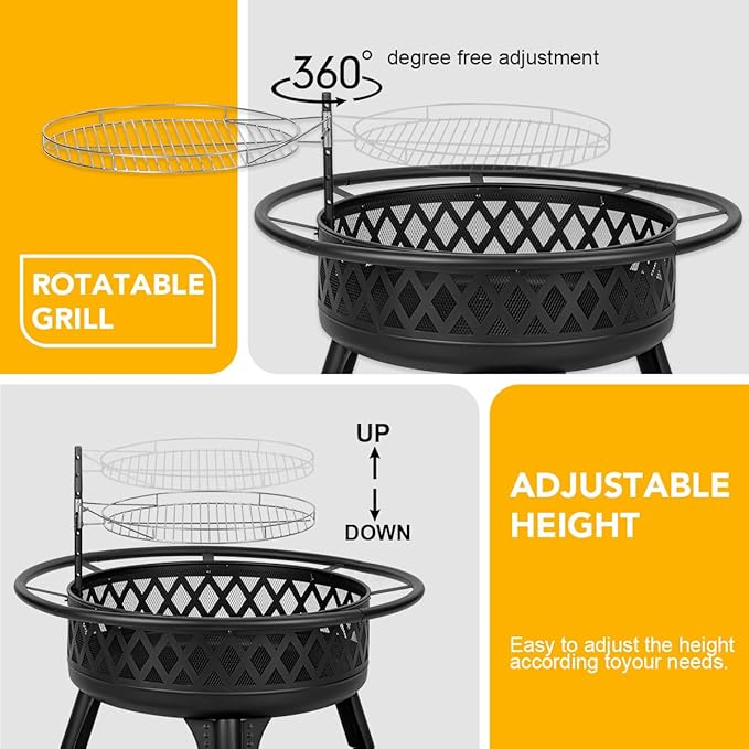 Panovue 38 Inch Wood Burning Fire Pit for Outside Round Firepit with Grill &amp Metal Lid Metal Outdoor Fire Pit Table for Patio Backyard Garden Bonfire Party