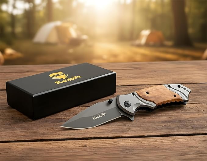 BlacKnife Pocket Knife For Men Folding Pocket Knife with Wooden Handle and Clip – Ideal Knife for Camping Hunting DIY (Happy Anniversary)