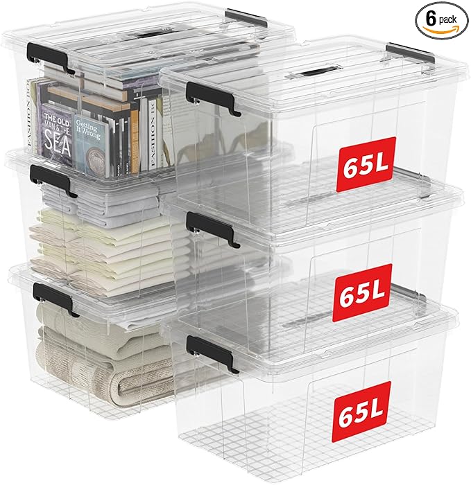 Cetomo Lidded Storage Bin with Handle Tote Organizing Container with Wheels Lid and Secure Latching Buckles Stackable and Nestable Plastic 72 Quart-6 Pack Clear