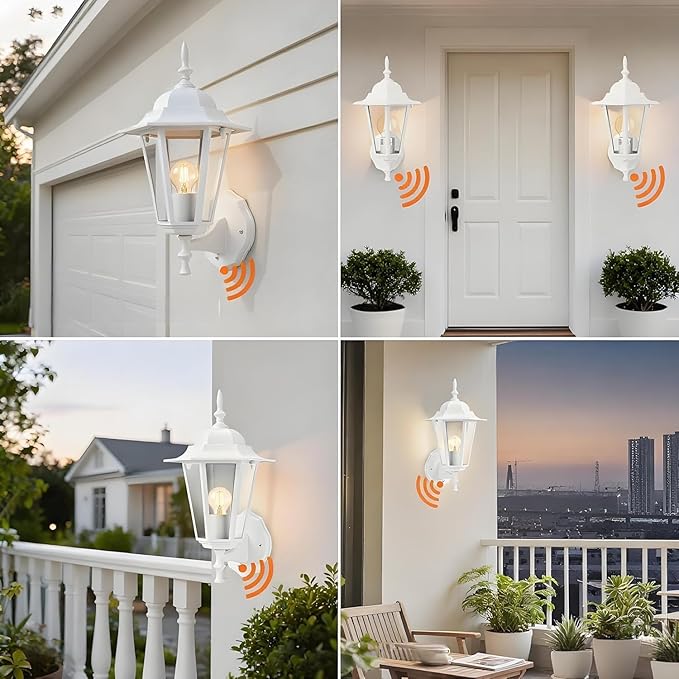 Dusk to Dawn Outdoor Wall Light 14.38 White Exterior Garage Lighting Fixtures Outdoor Porch Light Wall Mount Modern Outside Wall Lantern Sconce Sensor Dusk Dawn Light for House 1 Pack E26 Base