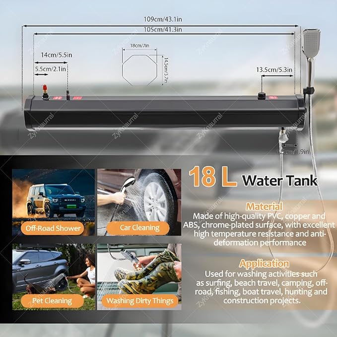 Portable Car Camping Shower Kit Roof Rack Mount Overlanding Off Terrain Pressurized Shower Water Tank 18l/20l/30l Large CapacitySelf-Pressurizedfor Camping Off-Road18L/4.76Gal