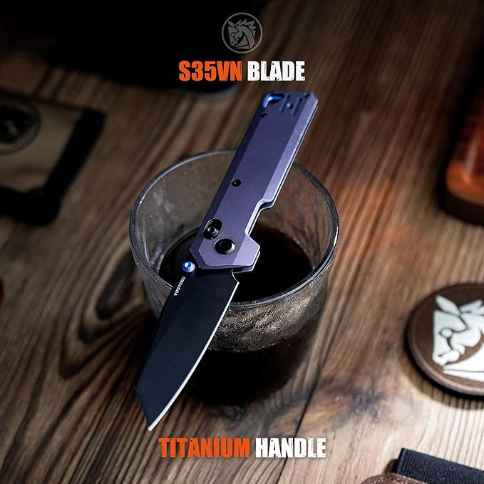 Vosteed Parallel Ultra Thin Folding Pocket Knife - 2.90 S35VN Black Stonewash Blade Reverse Tanto - Crossbar Lock Purple Titanium Handle - Hiking Camping Knives - A3518
