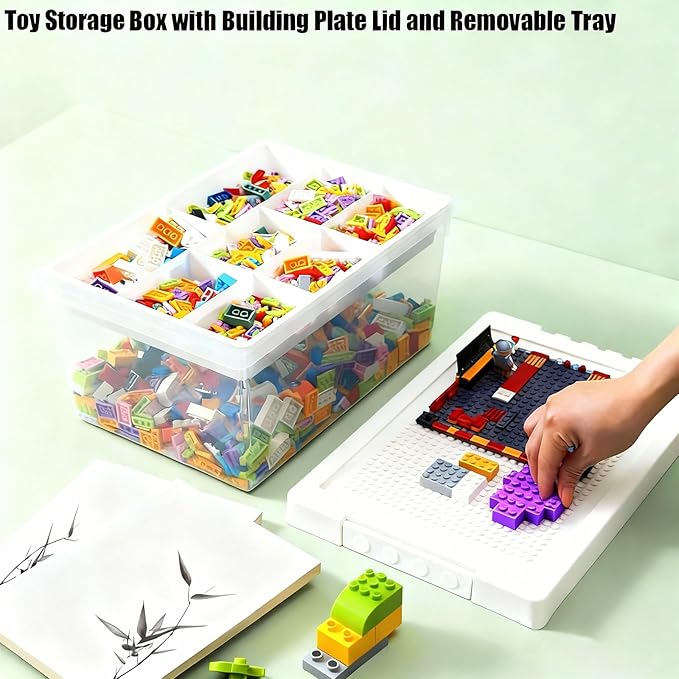 Toy Storage Organizer Bin for Lego Plastic Organizer Box with Removable Tray and Building Baseplate Lid Stackable Building Block Storage Craft Storage Container for Lego Toy Tool Sewing (White)