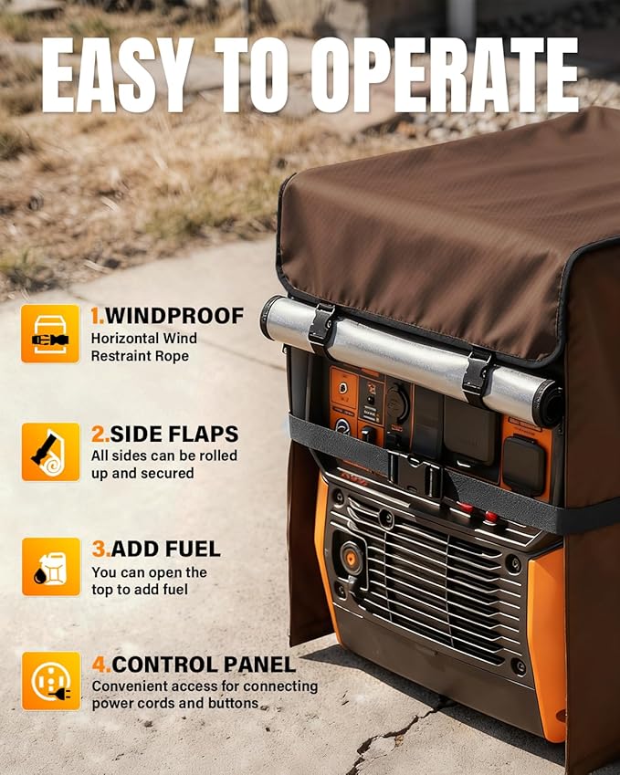 Portable Generator Cover. 600D+210D Heavy Duty Waterproof. 24’’L×19’’W×21’’H for Universal Most Inverter Generators. Fuel can be Added to the Top. Coffee