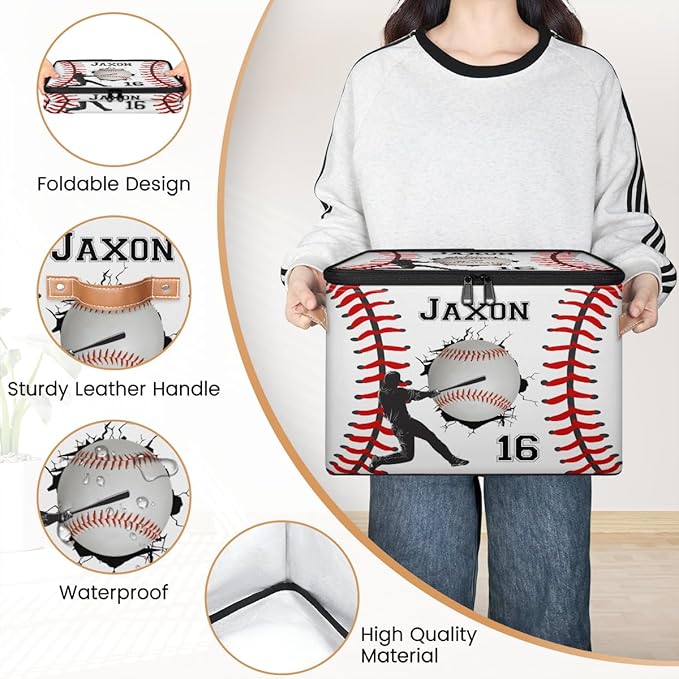 Custom Baseball Ball Storage Bins with Lid Foldable Personalized Storage Basket Boxes with Handle Baseball Shelf Basket Closet Organizer Cube