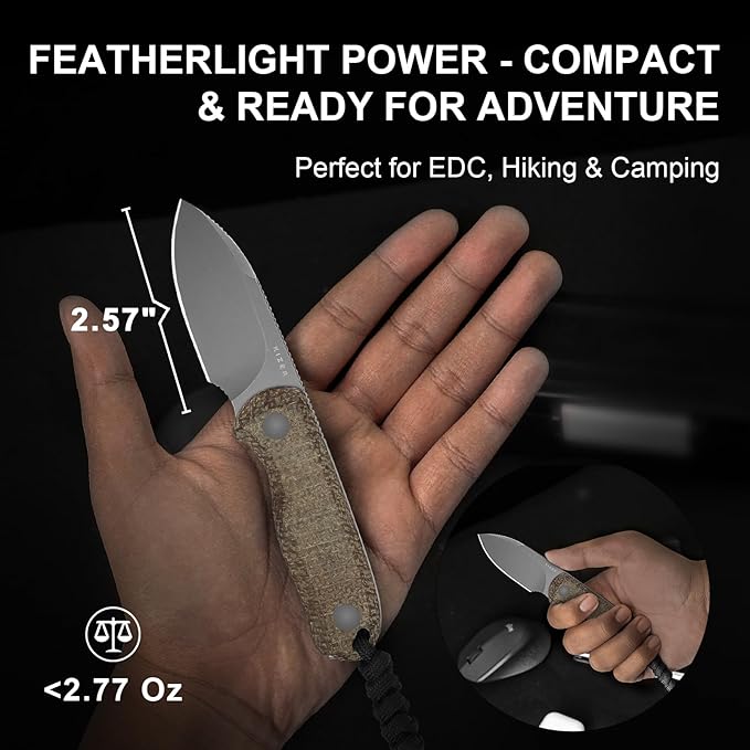 Kizer Drop Bear Fixed Blade Knife 2.57 Gray Stonewash 14C28N Blade EDC Camping Knife with Brown Burlap Micarta Handle &amp Hidden Tools Full Tang Hunting Knives with Adjustable Kydex Sheath 1094A