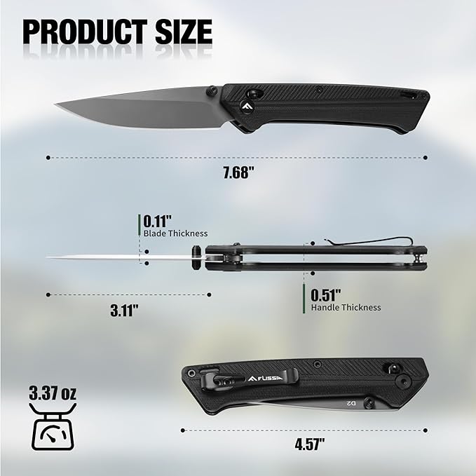 FLISSA Button Lock Folding Knife with 3.1 D2 Steel Blade G10 Handle &amp Shaft Lock Folding Knife for EDC Camping Hiking Fishing Outdoor Activities