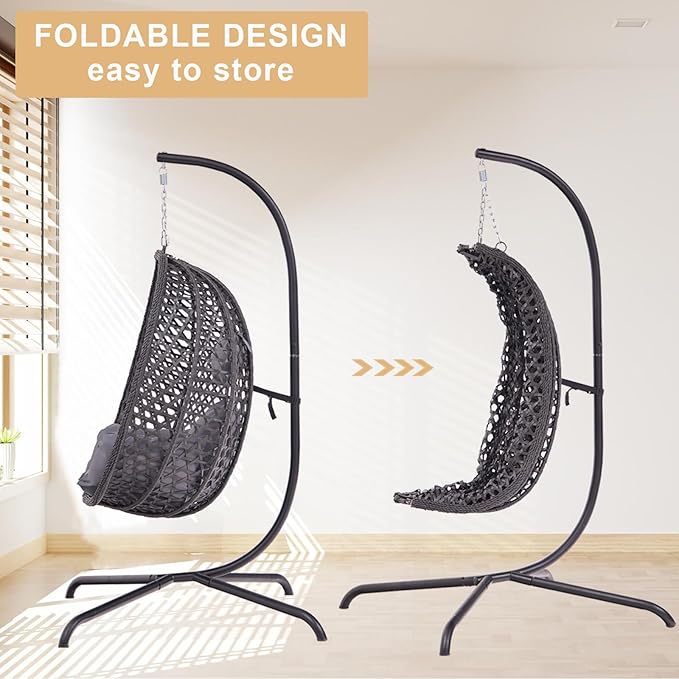 Indoor Hanging Chair with Stand for Bedroom Hexagon Rattan Wicker Swing Egg Chair for Bedroom Porch Garden Patio Outdoor Hammock Egg Swing Chair with Cushion350LBS Capacity(Dark Grey)