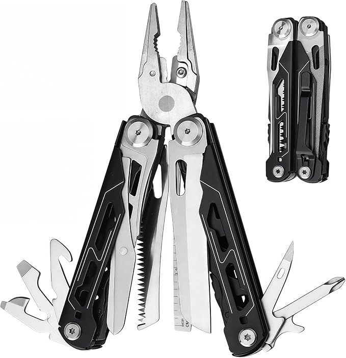 Multitool 17-in-1 Full-Size Lightweight EDC Multi-Purpose Pliers Nylon Bag Camping Knives &amp Tools Outdoor Gear Mens Gifts Ideas Gifts for Hunters Men who have Everything (Black-Silver)