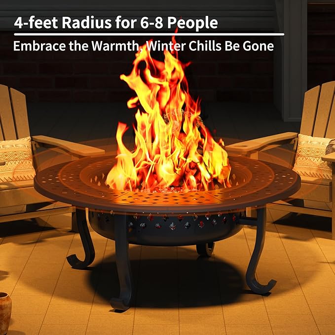 43 Inch Fire Pit with 2 Grill Outdoor Wood Burning Firepit with Lid Metal Round Table for Backyard Patio Garden Picnic Camping Bonfire