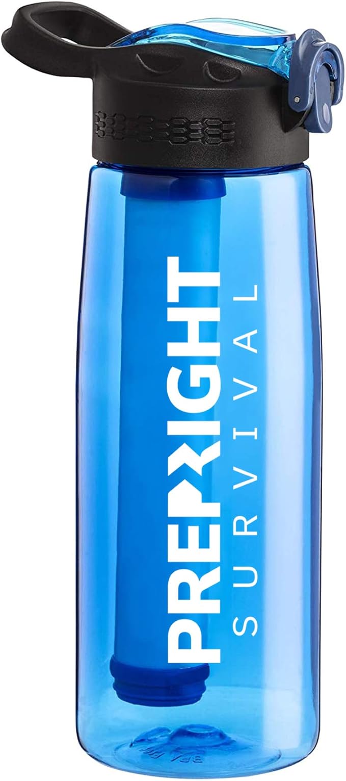 Survival – 4-Stage Water Filter Bottle BPA-Free 22oz Camping Water Bottle with Built-In Compass Travel and Emergency Preparedness Gear Blue