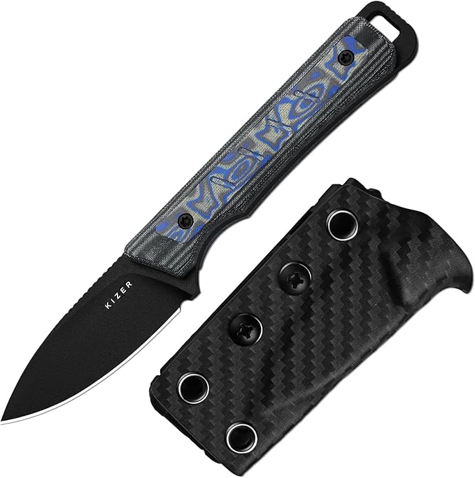 Kizer Whiskey Jack Fixed Blade Knife 2.06 Drop Point 10V Blade Hunting Knife with Kydex Sheath Black &amp Multicolored Norplex UltreX™ &amp vortex pattern micarta Handle EDC Knives for Camping Su