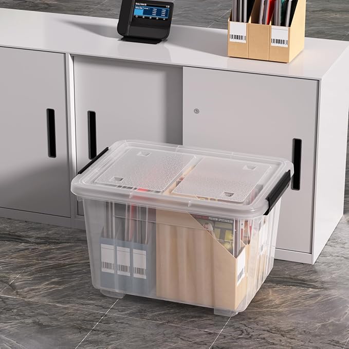 Sadstory 30 Quart Clear Latching Tote Bin with Lid Plastic Storage Box with Wheels 4 Packs
