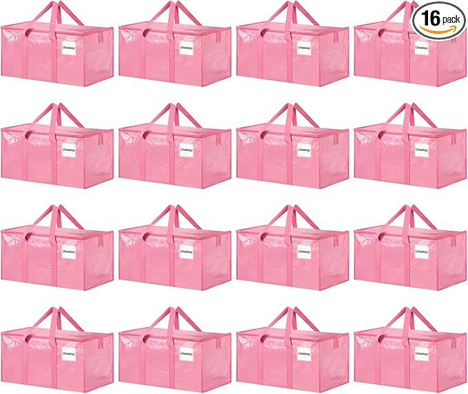 16 Pack Extra Large Heavy Duty Moving Bags Pink Storage Bins with Lids Reinforced Handles &amp Heavy-Duty Zippers Moving Boxes Storage Bags Totes for Clothes Packing Dorms College Supplies Pink