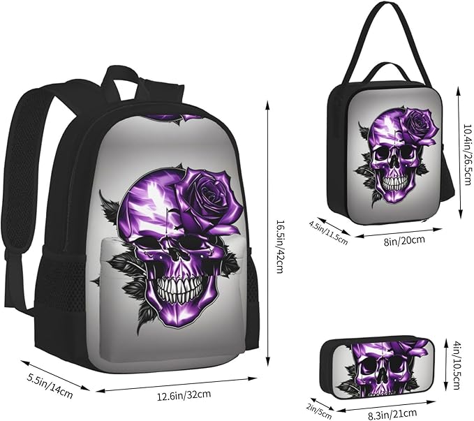 Purple Rose And Skull Backpack With Lunch Box 3 In 1 Set With Pencil Case Large Capacity Backpack With Chest Strap