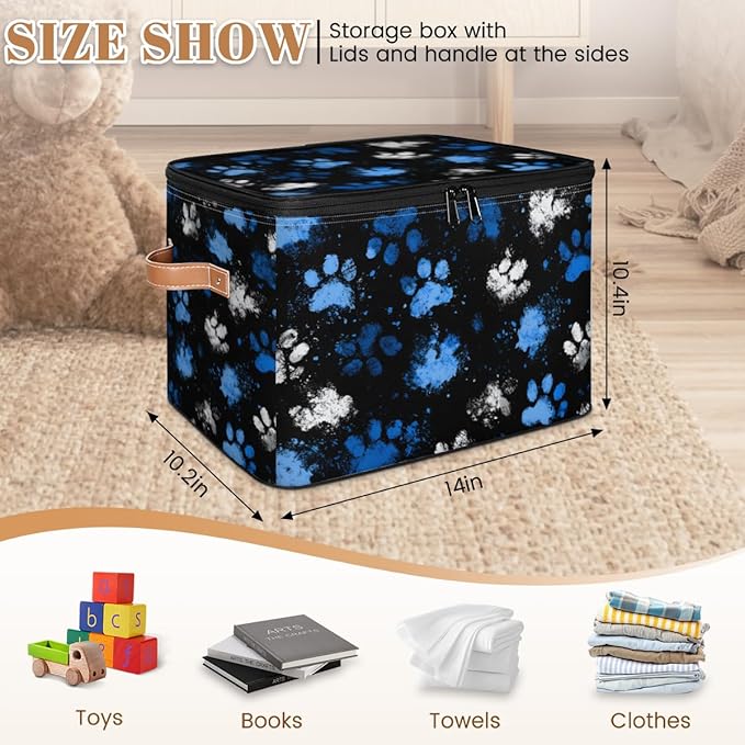 Storage Bin with Lid Paws Prints Stackable Closet Storage Bins Decorative Bedroom Organizer Box Lidded Baskets Living Room Storages Boxes Cube Organizer Cute Container with Handles