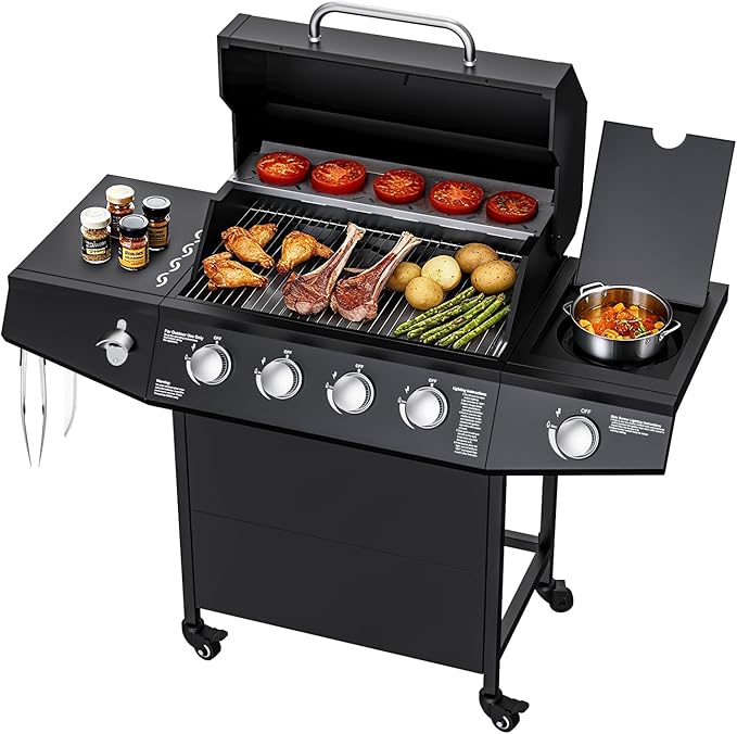 4 Burner Propane Gas Grill Output 50000 BTU Outdoor BBQ Gas Grill with Side Burner Built-in Thermometer &amp Wheels Outdoor Cooking for Patio Backyard BBQ