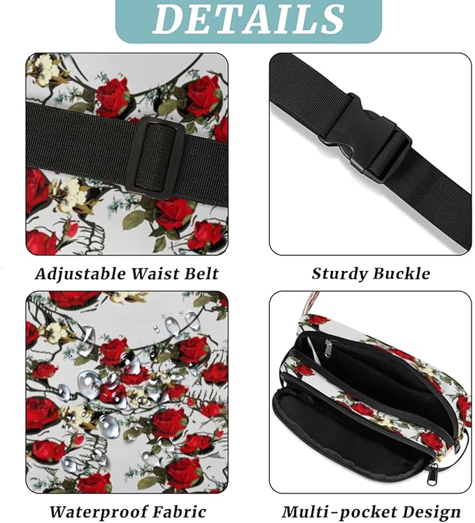 Rose Skulls Waterproof Fanny Pack for Women Men Adjustable Waist Bag with Double Zipper Pockets Lightweight Square Hip Pack for Running Travel Hiking Workout Cycling