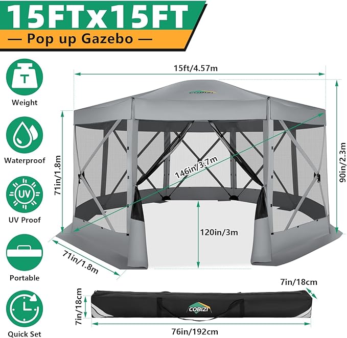 COBIZI Pop Up Gazebo Screen Tent Screen House for Camping 15x15 Screen Room with Mosquito Netting Hub Tent Instant Screened Canopy with Carrying Bag and Ground Stakes Gray