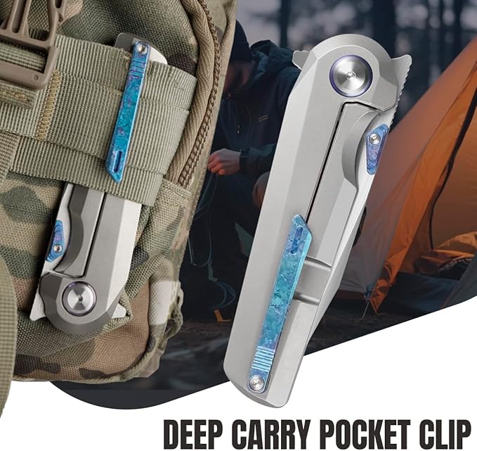 ioko Pocket Folding Knife with Titanium Alloy Handle S35VN Steel Blade Ice Crystal Anodized Finish 2.9 Inch Blade EDC Camping Hiking Outdoor (silver gray)