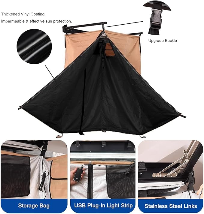 Vehicle Awning Shower Room with LED Light Outdoor Portable Instant Changing Room Car Side Shower Tents - SUV Truck Bathroom Tent (Khaki 2)