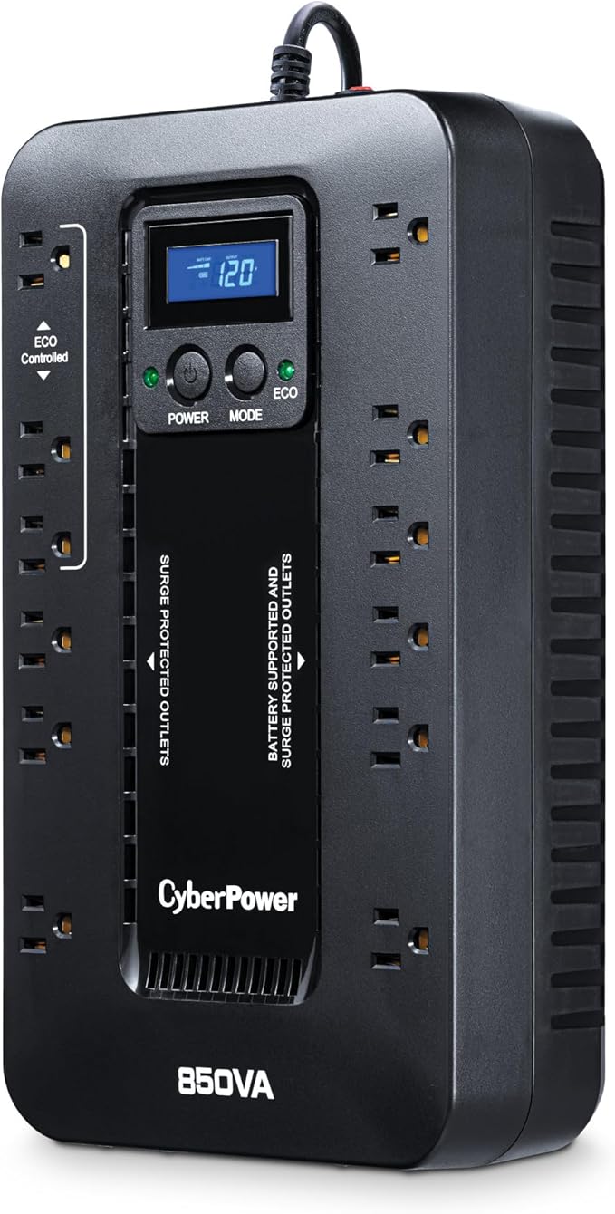 CyberPower EC850LCD Ecologic UPS Battery Backup and Surge Protector 850VA/510W 12 Outlets ECO Mode Compact UL Certified
