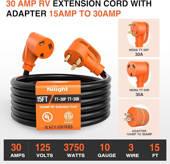 Nilight 15FT 30 Amp RV Extension Cord with Adapter 15Amp to 30Amp 125V Heavy Duty 10/3 Gauge Pure Copper STW Wire UL ETL Listed 3 Prong TT-30P TT-30R Weatherproof Suit for Generators Campers