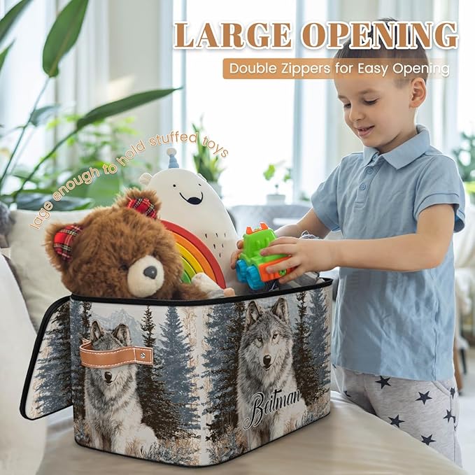 Storage-Bins with Lids Personalized Closet-Storage-Bins Under-Bed Stackable-Cubes-Box for Home Bedroom Wolf