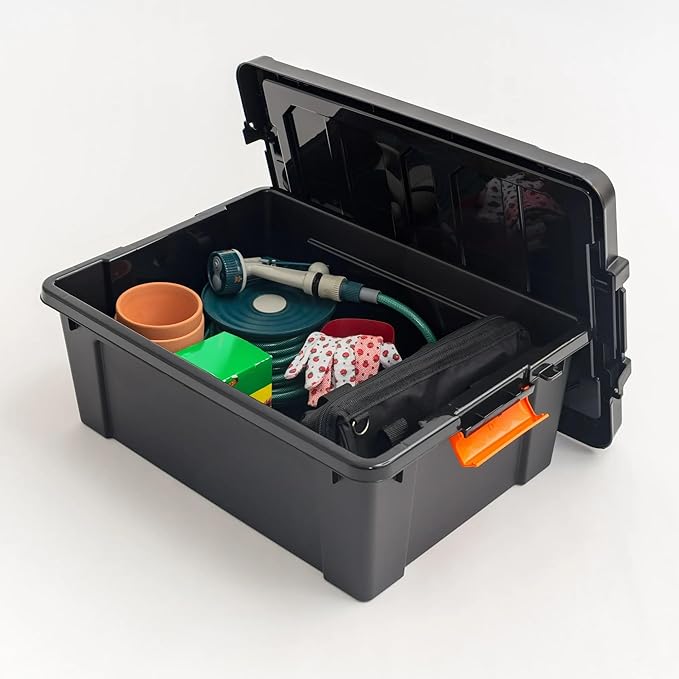 48Qt/12 Gal. Heavy Duty Plastic Storage Bin with Lockable Lid - Stackable Latching Tote for Tools Seasonal Items Sports Equipment Black