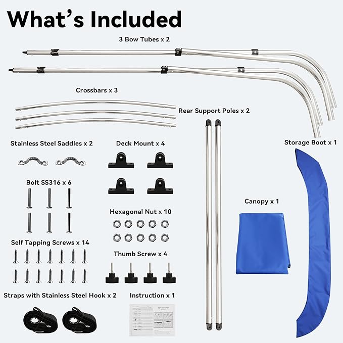 Deckpro 3 Bow / 4Bow Boat Bimini Tops 600D Solution Dyed Polyester Canopy with 1 Aluminum Alloy Frame Boat Canopy Waterproof and Sun Shade Includes Storage Boot 2 Support Poles 2 Straps