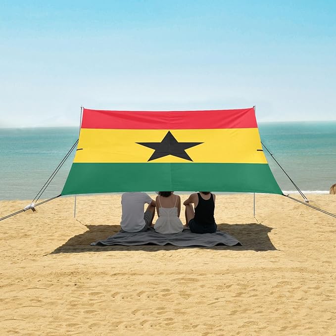 Ghana Flag Ghanaian National Foldable Beach Tent UPF50+ Protection Easy Setup Large Sun Shelter with Sandbags &amp Sand Shovel for Camping Trips Fishing Backyard Fun or Picnics