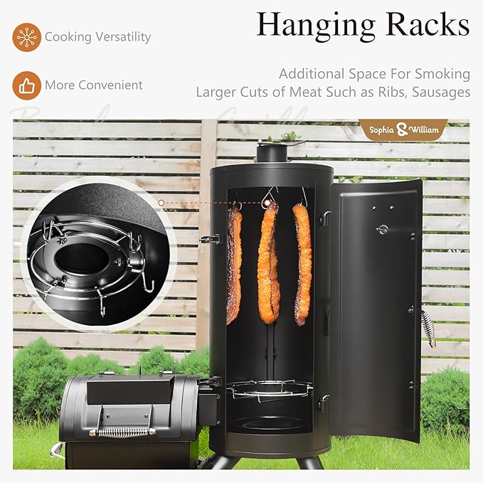 Sophia &amp William Heavy-Duty Vertical Offset Charcoal Smoker Extra Large Outdoor BBQ Gill with Offset Smoker 961 SQ.IN. Cooking Area with Warming TrayPush-out Ash Tray for Event Gathering Black