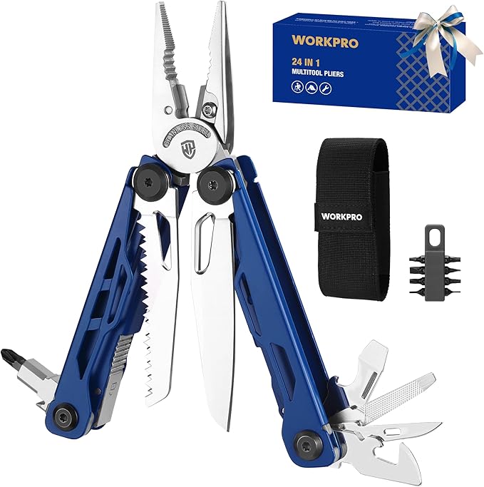 WORKPRO 24-in-1 Mutitool Stainless Steel Multitool Pliers with Pocket Knife and Screwdrivers EDC Self-locking Multi Tool with Sheath Belt Clip for Outdoor Activities Gifts for Men Blue