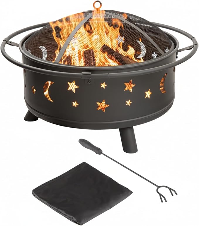 Fire Pit - 32-Inch Outdoor Wood Burning Firepit with Screen Poker and Cover - Outdoor Fire Pits for Backyard Deck or Patio by Pure Garden (Black)