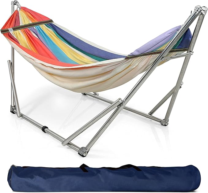 Tranquillo Double Hammock with Stand 550lb Capacity Double Hammock with Spreader Bar Solid Grade 201 Stainless Steel 30s Set Up Sturdy Flexible Hammock Stand Portable Outdoor Indoor Rainbow