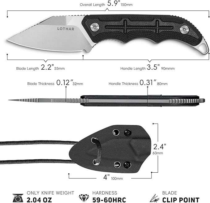 LOTHAR BEAVER EDC Fixed Blade Knife Small Survival Knife with 2.2 14C28N Steel Blade &amp Kydex Sheath Adjustable Horizontal Vertical Carry for Camping Hiking Hunting Everyday Carry
