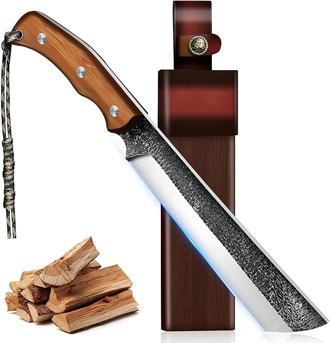 MDHAND Japanese Machete Knife with Ergonomic Full Tang Handle and Wood-Leather Sheath Heavy Duty High Carbon Steel Machete Knife for Bushcraft Survival Outdoor Hunting and Camping Gifts for Men