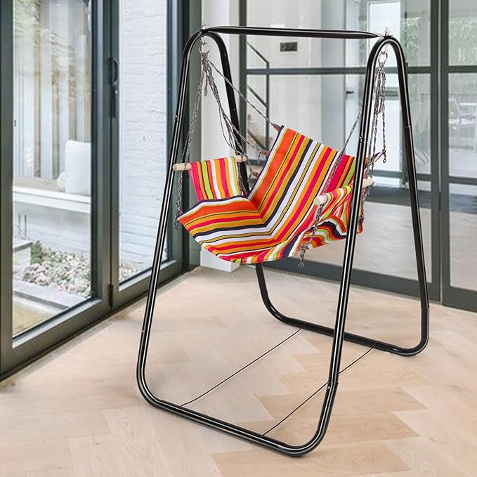 Hammock Chair Stand Indoor Balcony Swing Chair with Rack Heavy-Duty Hammock with Stand Included Kids Hammock Chair for Outdoor Patio Yard A-Shaped Cotton Rope Solid Wood Fixing Bearing 440lbs