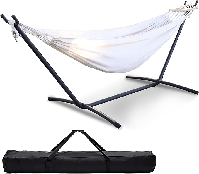 2 Person Hammock with Stand for Indoor &amp Outdoor 550lbs Sturdy Steel Frame - Anti-Flip Curved Bars Safety - Comfortable Cotton Portable Hammock for Patio Sunroom Bedroom Natural Beige