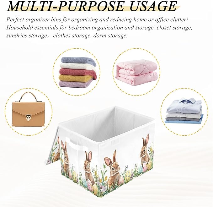 Christmas Storage Baskets with Lids Cute Bunnies Easter Eggs Collapsible Bins Stackable Fabric Linen Baskets Closet Organizer Container 16.5x12.6x11.8