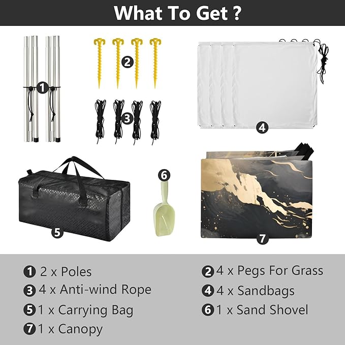 ALAZA Black &amp Gold Marble Mountain Beach Tent Sun Shelter UPF50+ Protection Beach Shade Canopy w/ 4 Sandbags for Outdoor Camping Fishing Backyard Fun Picnic 10x9 ft