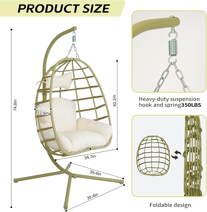 Hanging Egg Chair with Stand Outdoor Indoor Patio Rattan Swing Hammock Chairs with Washable Cushion 350lbs Capacity PE Wicker Swing Chair for Backyard Bedroom Garden (Cyan + White Cushion)