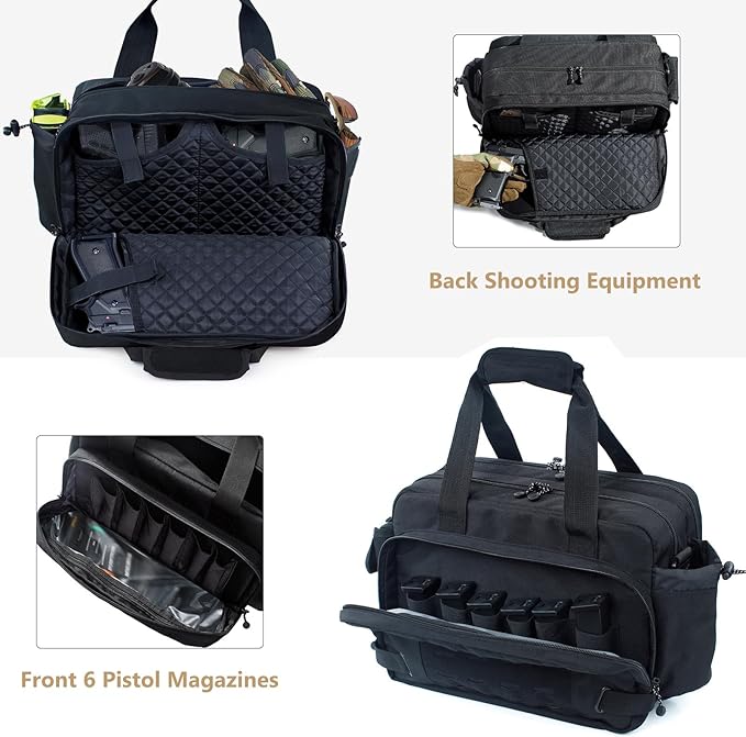 Tactical Pistol Range Bag for 3 Handguns Gun Range Bag with 6 Magazine Slots Lockable Zippers Ammo Storage MOLLE Handgun Case for Shooting Range Accessories