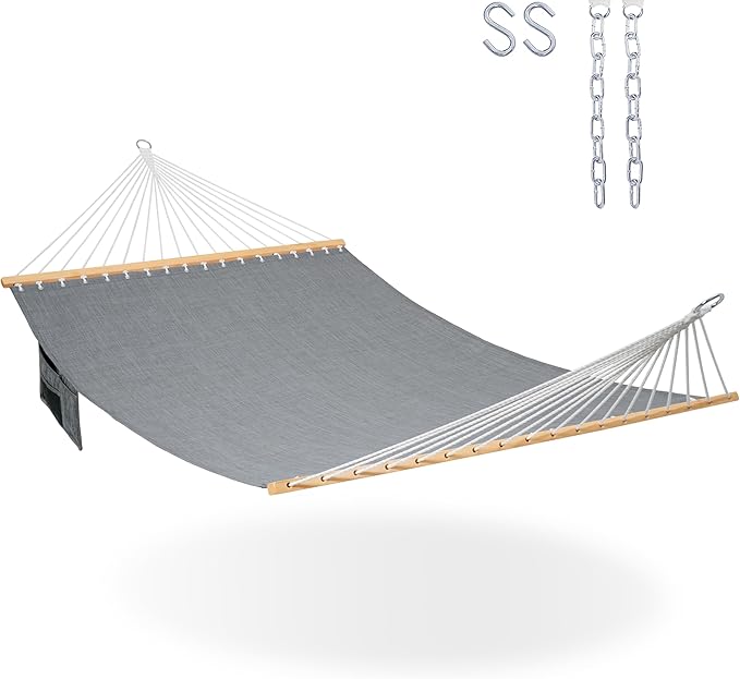 Lazy Daze Hammocks 11 FT Double Outside Hammock Quick Dry Olefin Fabric Hammock with Spreader Bar &amp Side Pocket for Outdoor Poolside Backyard 450 lbs Capacity Grey