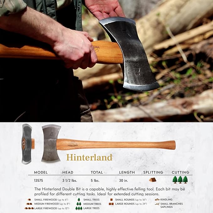 1844 Helko Werk Germany Traditional Hinterland - Made in Germany Double Bit Axe Felling Axe for Felling Trees and Cutting Wood with Two Blades - Head 3.5 lbs Handle 30 in. (Hinterland) #13575