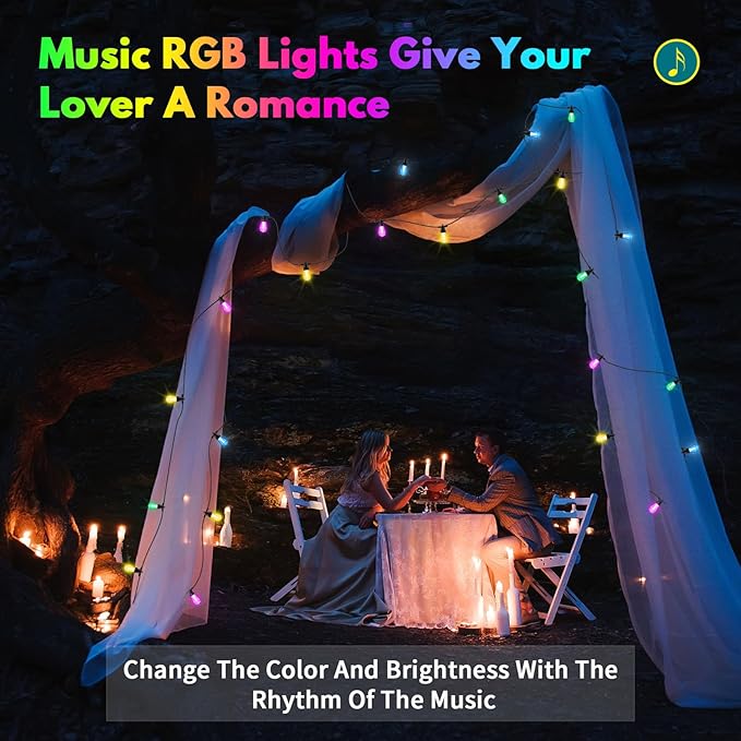 50ft Outdoor String Lights Color Changing - Patio Lights Outdoor Waterproof with 20 Dimmable RGBW Bulbs Shatterproof Music Mode Connectable Remote &amp App Control for Halloween Christmas