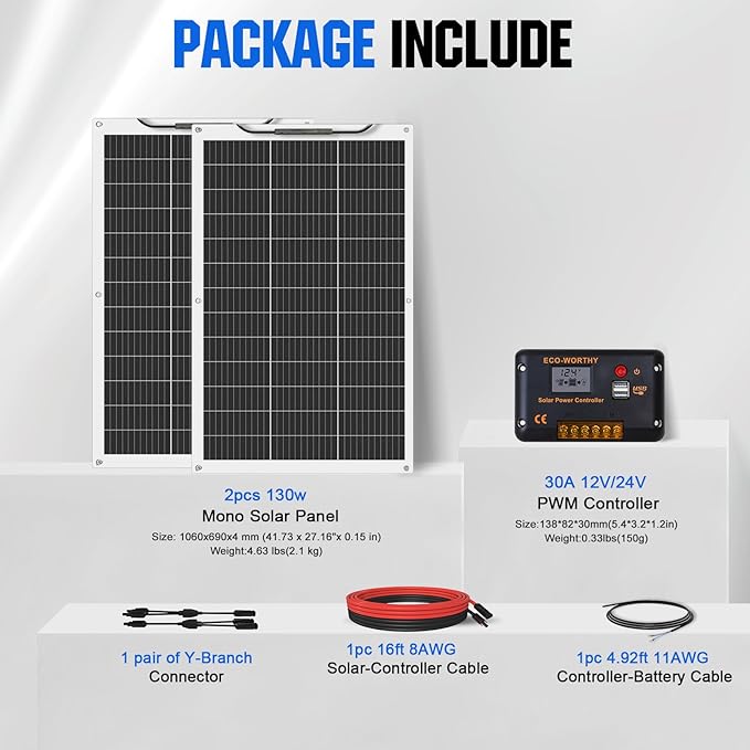ECO-WORTHY 260Watt 12Volt Flexible Solar Panel Kit for Off Grid Home RV Boat and Uneven Surfaces:2pcs 130W Mono Solar Panel + 30A 12V Charger Controller + Solar Cable + Tray Cable + Y Branch