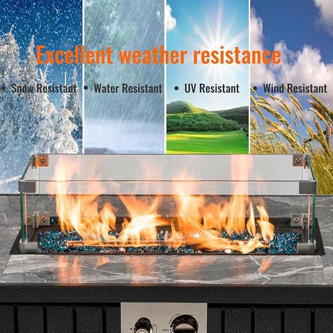 42'' Propane Fire Pit Table Marble Tile Ceramic Tabletop with Glass Wind Guard 50000 BTU Fire Table Inclined Leg and Art Powder Design Blue Glass Rocks Including Lid&ampCover